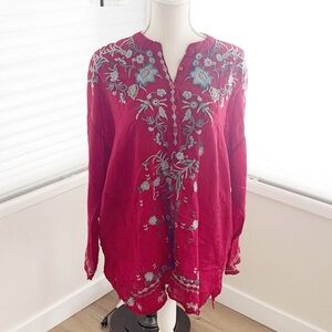 🆕JOHNNY WAS Embroidered Red Peasant Tunic with Blue Floral Accents